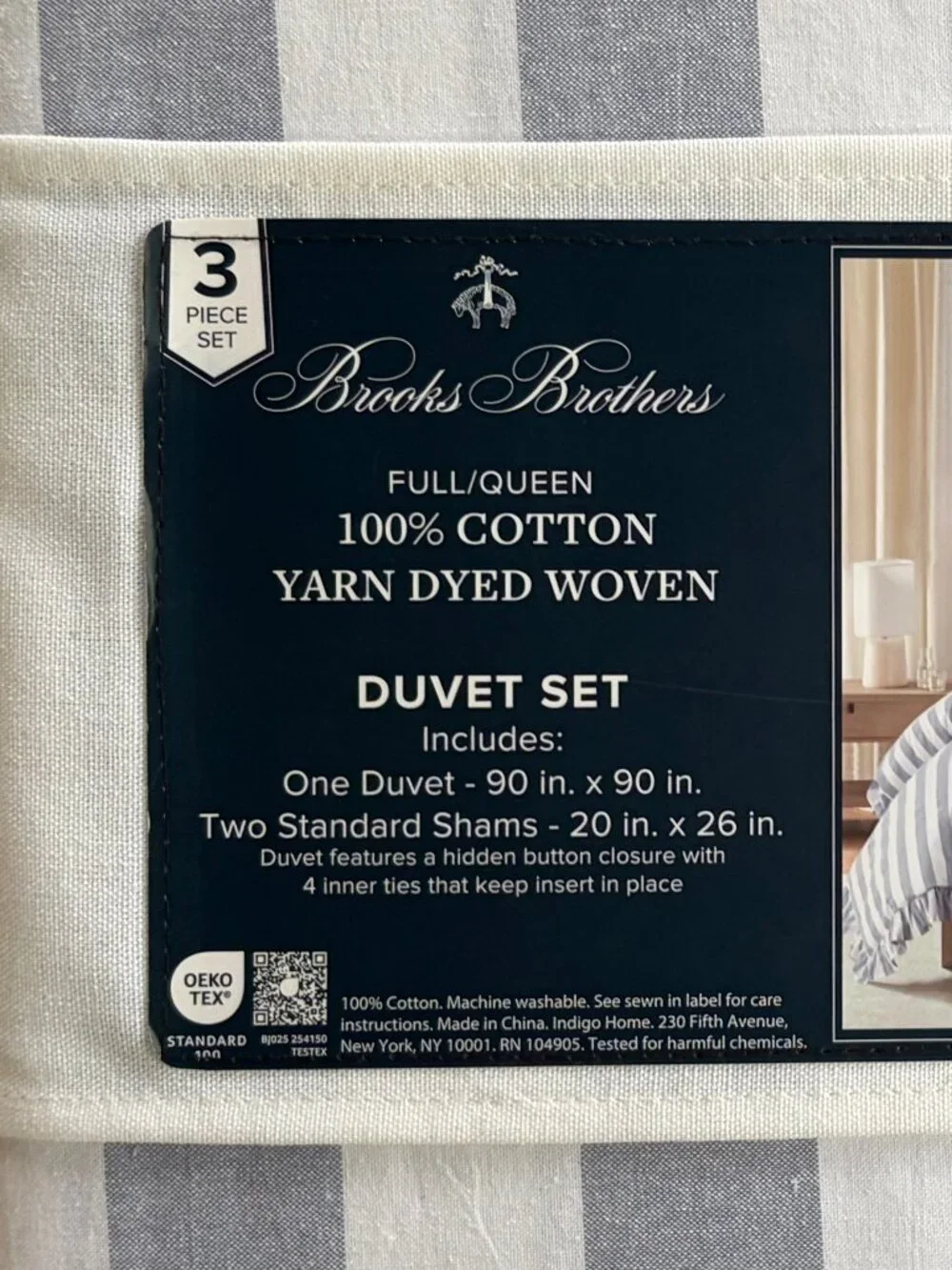 Brooks Brothers Blue & White Stripe Ruffled FULL/QUEEN Size Cotton Duvet Set